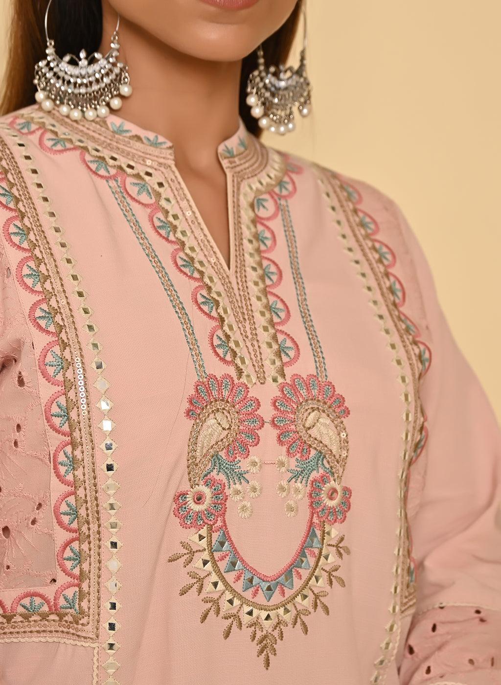 Nude Pink Schiffili Embroidered Cotton Co-ord Set with 3/4th Sleeves - Lakshita