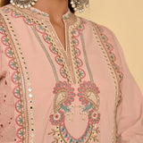 Nude Pink Schiffili Embroidered Cotton Co-ord Set with 3/4th Sleeves - Lakshita