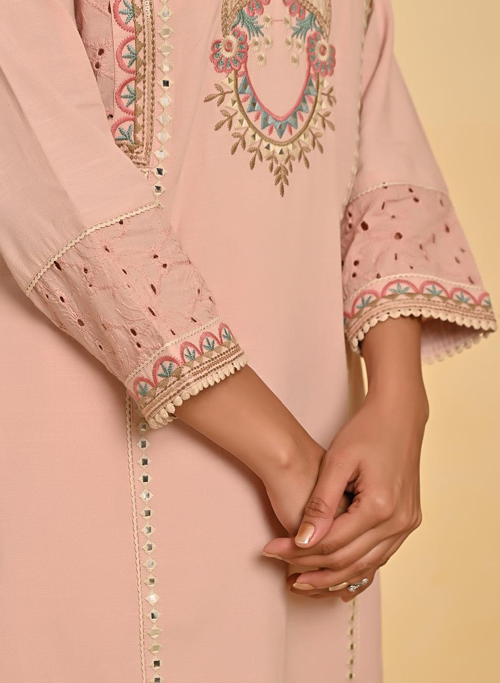 Nude Pink Schiffili Embroidered Cotton Co-ord Set with 3/4th Sleeves - Lakshita
