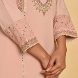 Nude Pink Schiffili Embroidered Cotton Co-ord Set with 3/4th Sleeves - Lakshita