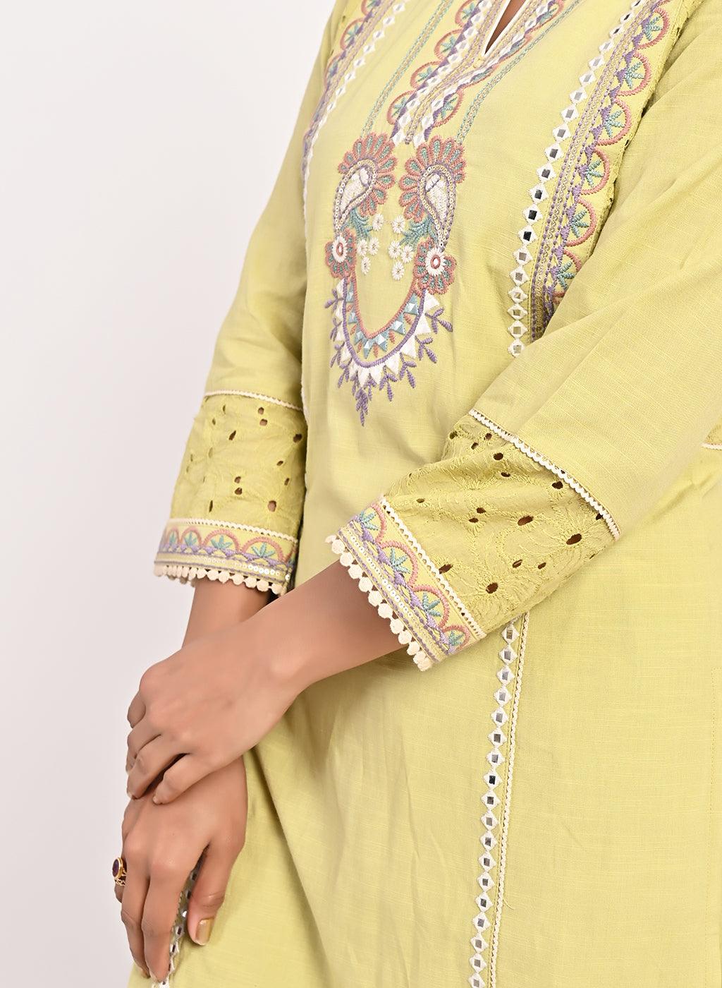 Yellow Schiffili Embroidered Cotton Co-ord Set with 3/4th Sleeves - Lakshita