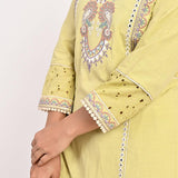 Yellow Schiffili Embroidered Cotton Co-ord Set with 3/4th Sleeves - Lakshita