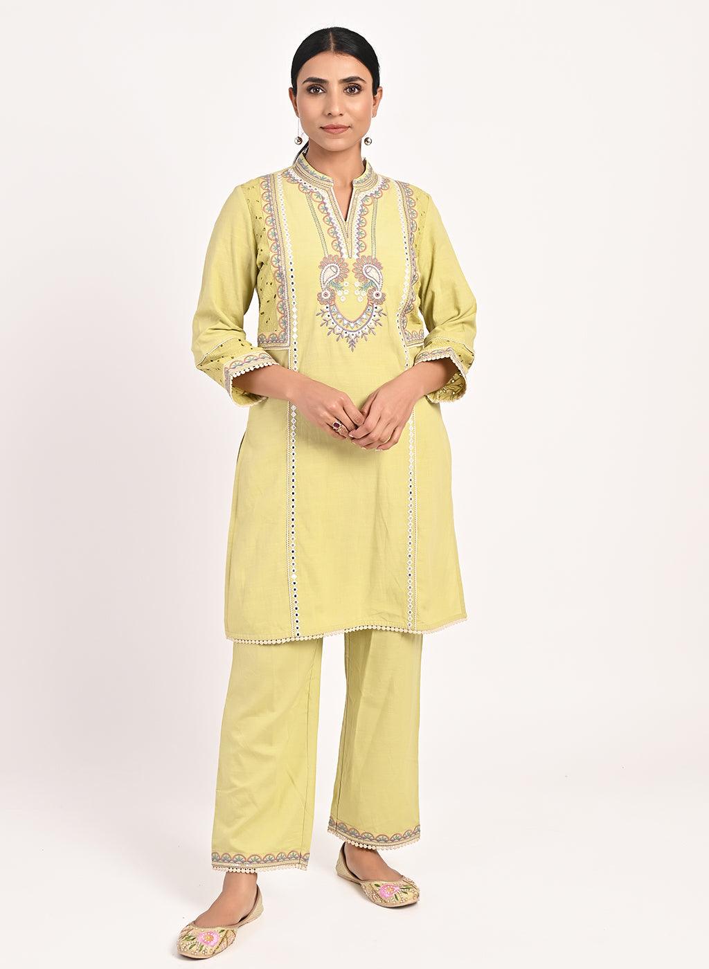 Yellow Schiffili Embroidered Cotton Co-ord Set with 3/4th Sleeves - Lakshita