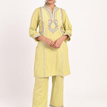 Yellow Schiffili Embroidered Cotton Co-ord Set with 3/4th Sleeves - Lakshita