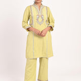 Yellow Schiffili Embroidered Cotton Co-ord Set with 3/4th Sleeves - Lakshita