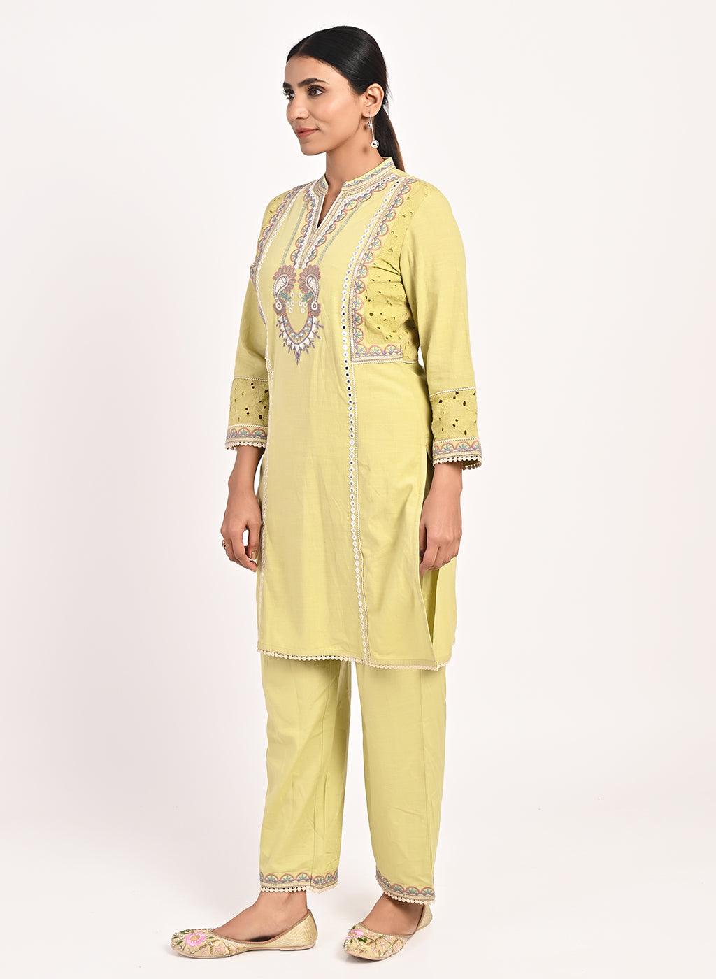 Yellow Schiffili Embroidered Cotton Co-ord Set with 3/4th Sleeves - Lakshita