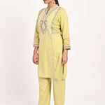 Yellow Schiffili Embroidered Cotton Co-ord Set with 3/4th Sleeves - Lakshita