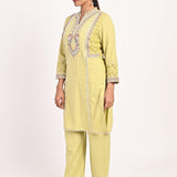Yellow Schiffili Embroidered Cotton Co-ord Set with 3/4th Sleeves - Lakshita