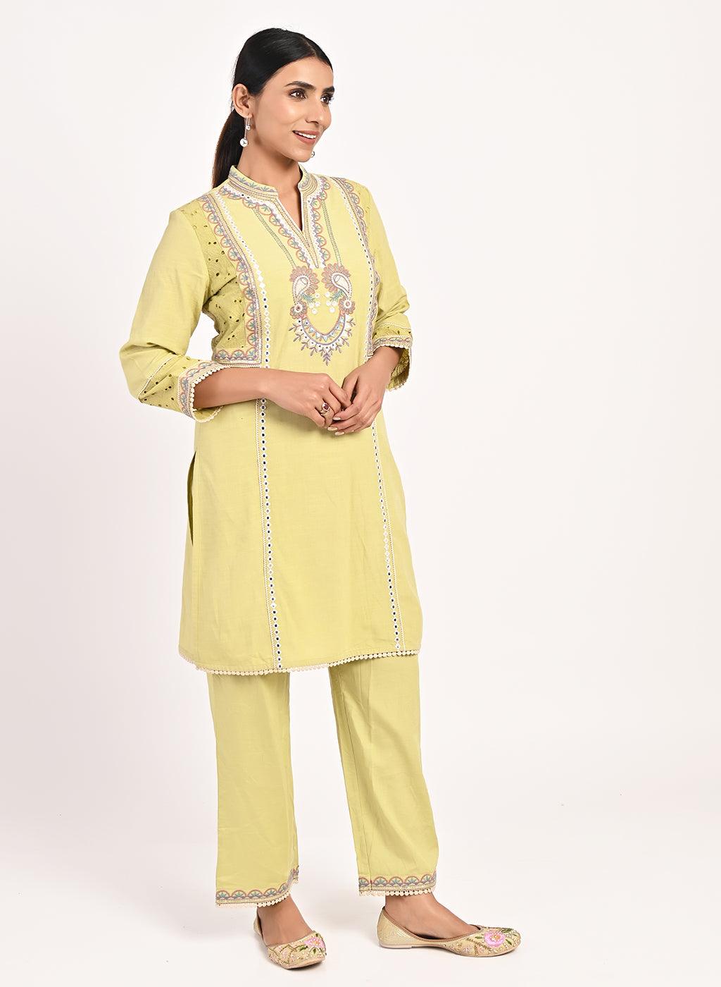 Yellow Schiffili Embroidered Cotton Co-ord Set with 3/4th Sleeves - Lakshita