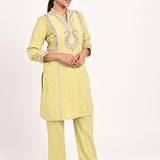 Yellow Schiffili Embroidered Cotton Co-ord Set with 3/4th Sleeves - Lakshita