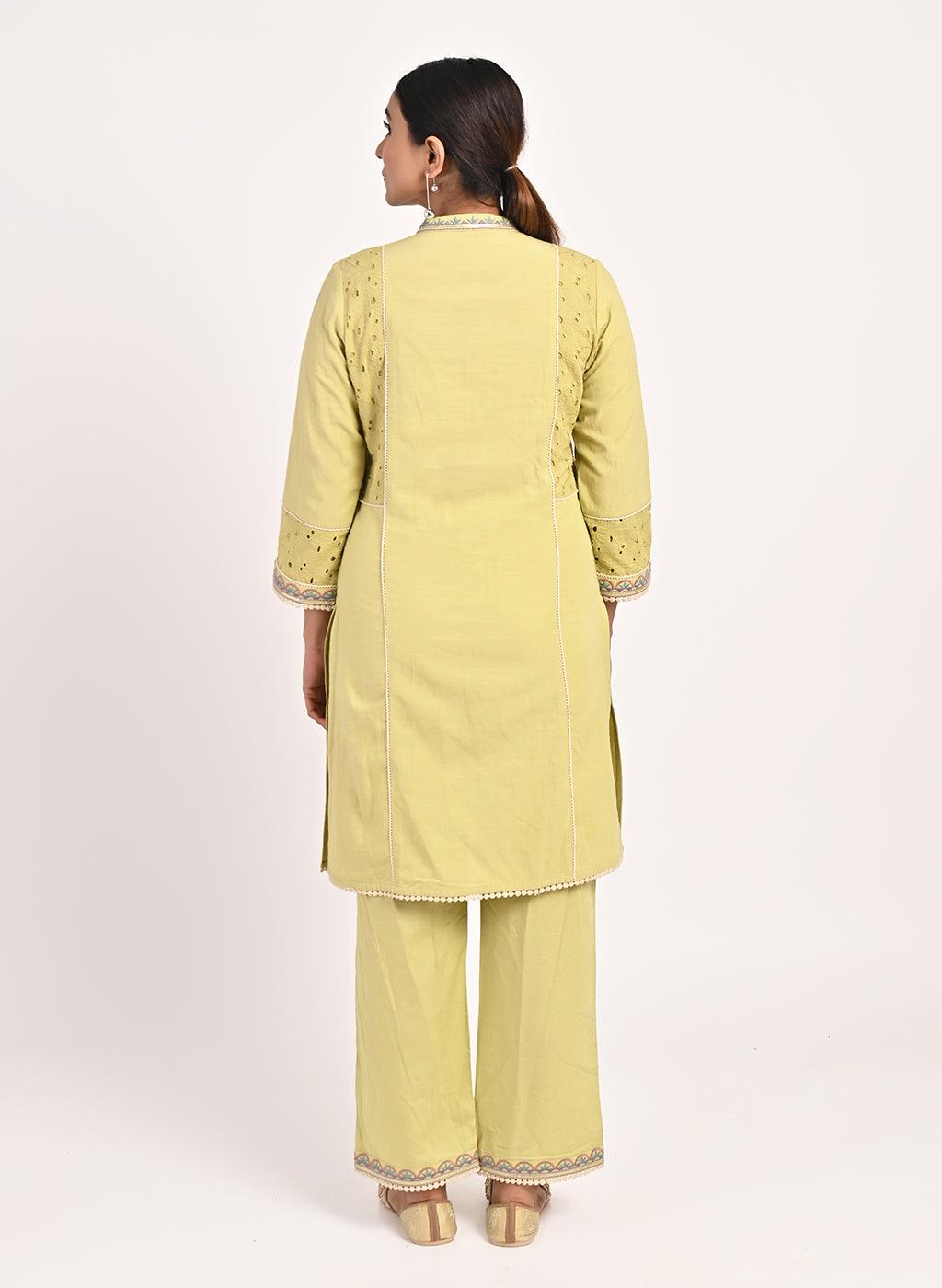 Yellow Schiffili Embroidered Cotton Co-ord Set with 3/4th Sleeves - Lakshita