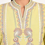 Yellow Schiffili Embroidered Cotton Co-ord Set with 3/4th Sleeves - Lakshita