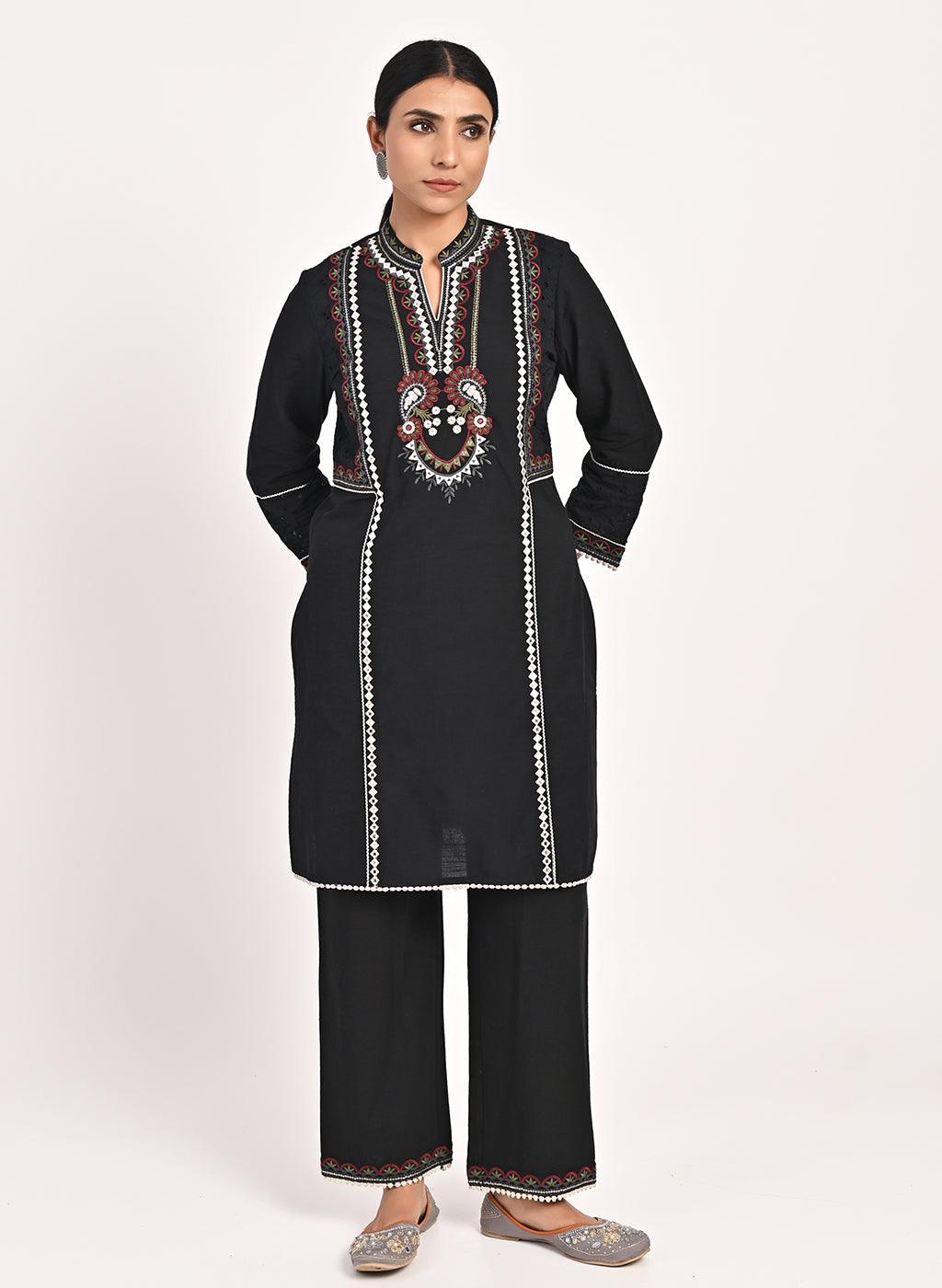 Black Schiffili Embroidered Cotton Co-ord Set with 3/4th Sleeves - Lakshita