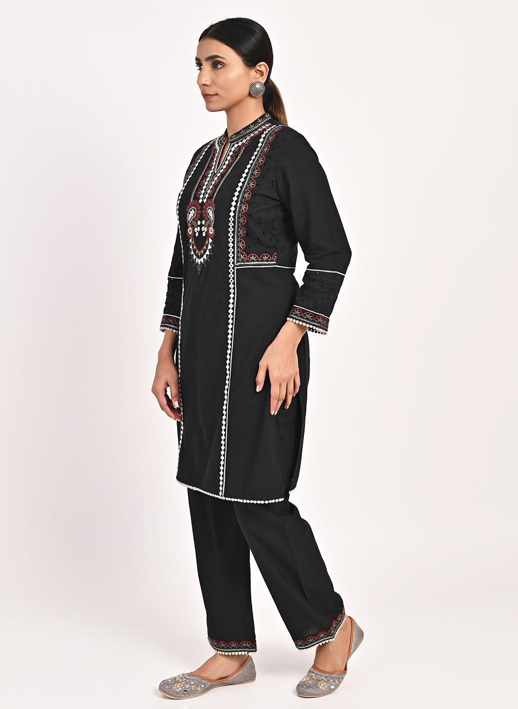 Black Schiffili Embroidered Cotton Co-ord Set with 3/4th Sleeves - Lakshita