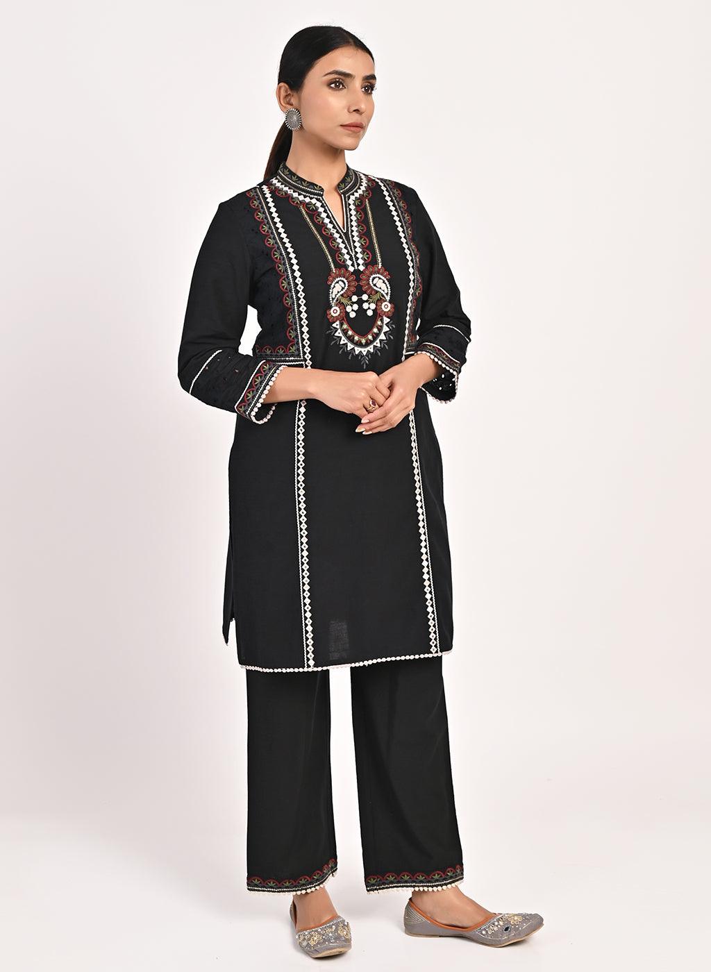 Black Schiffili Embroidered Cotton Co-ord Set with 3/4th Sleeves - Lakshita