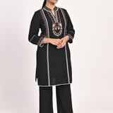 Black Schiffili Embroidered Cotton Co-ord Set with 3/4th Sleeves - Lakshita