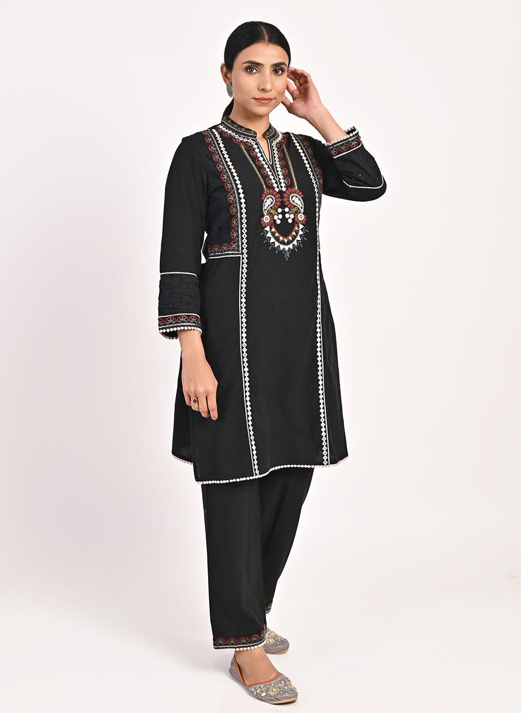 Black Schiffili Embroidered Cotton Co-ord Set with 3/4th Sleeves - Lakshita