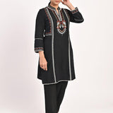 Black Schiffili Embroidered Cotton Co-ord Set with 3/4th Sleeves - Lakshita