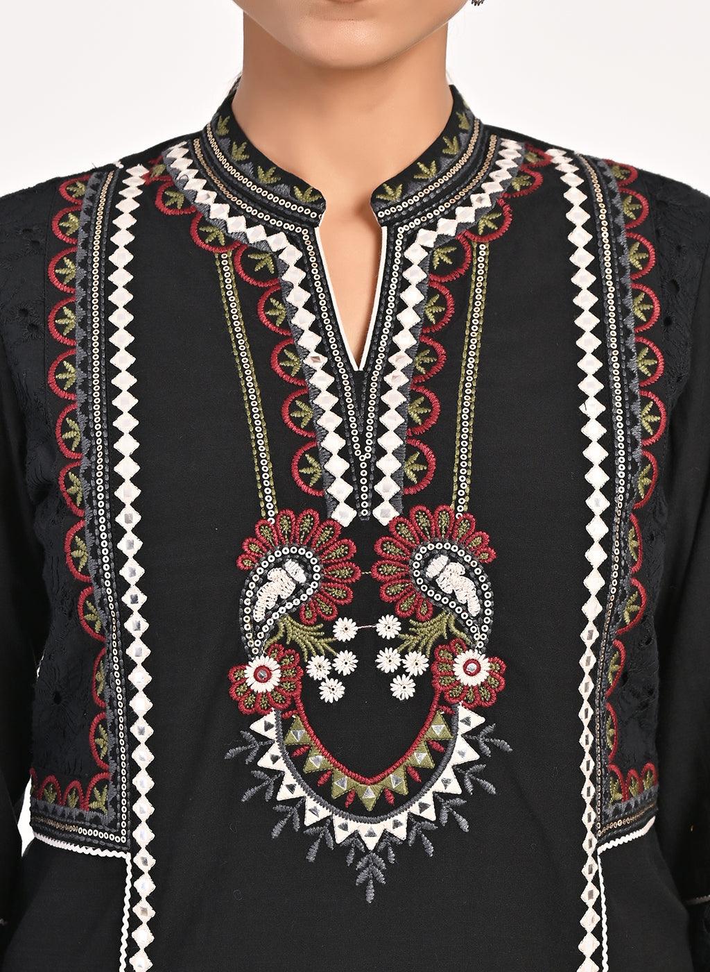 Black Schiffili Embroidered Cotton Co-ord Set with 3/4th Sleeves - Lakshita