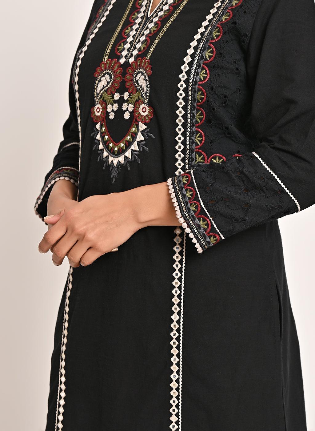Black Schiffili Embroidered Cotton Co-ord Set with 3/4th Sleeves - Lakshita