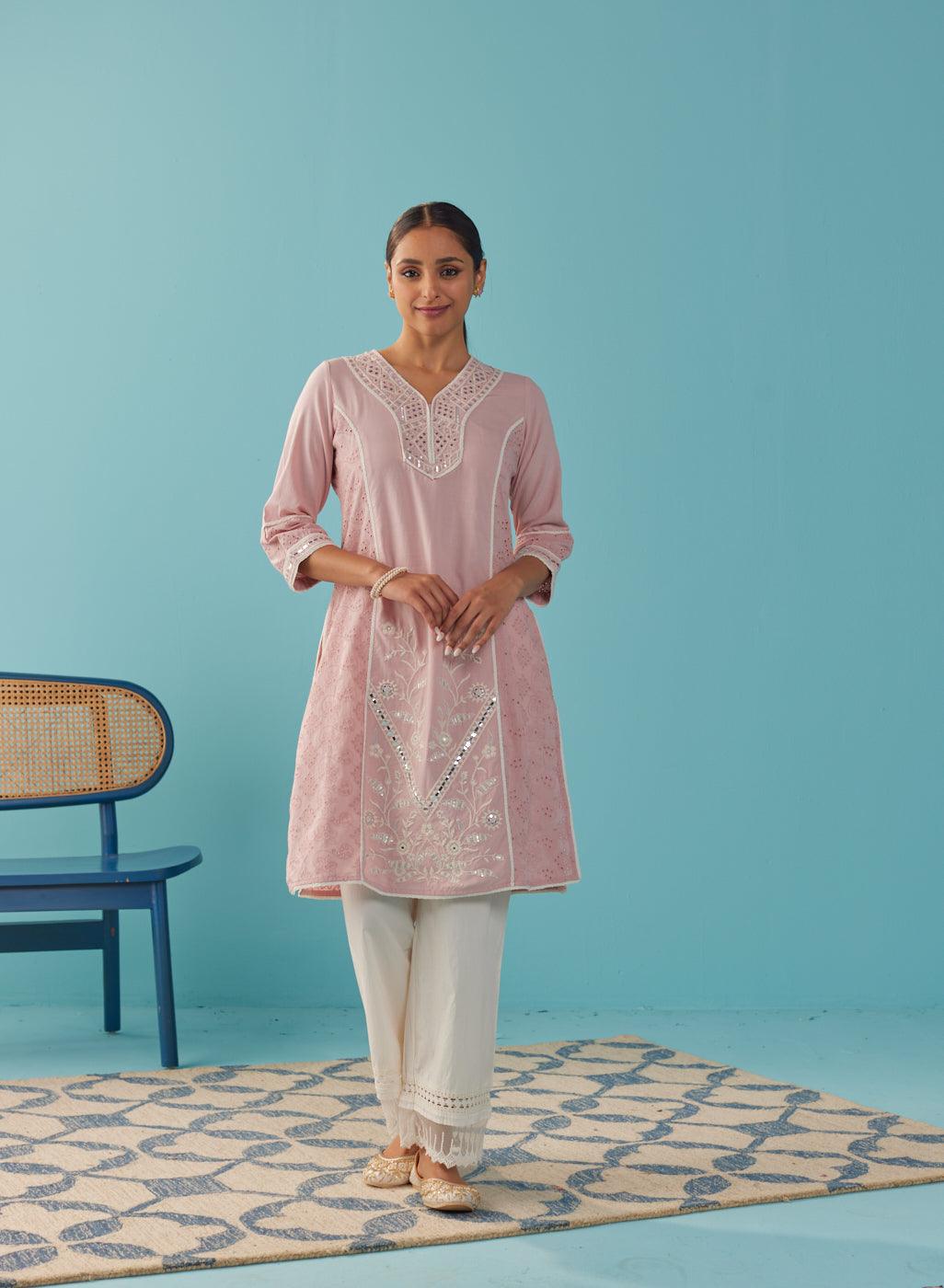 Buy Lakshita Rose Quartz A Line Kurta With Mandarin Collar Highlighted With  Piping online