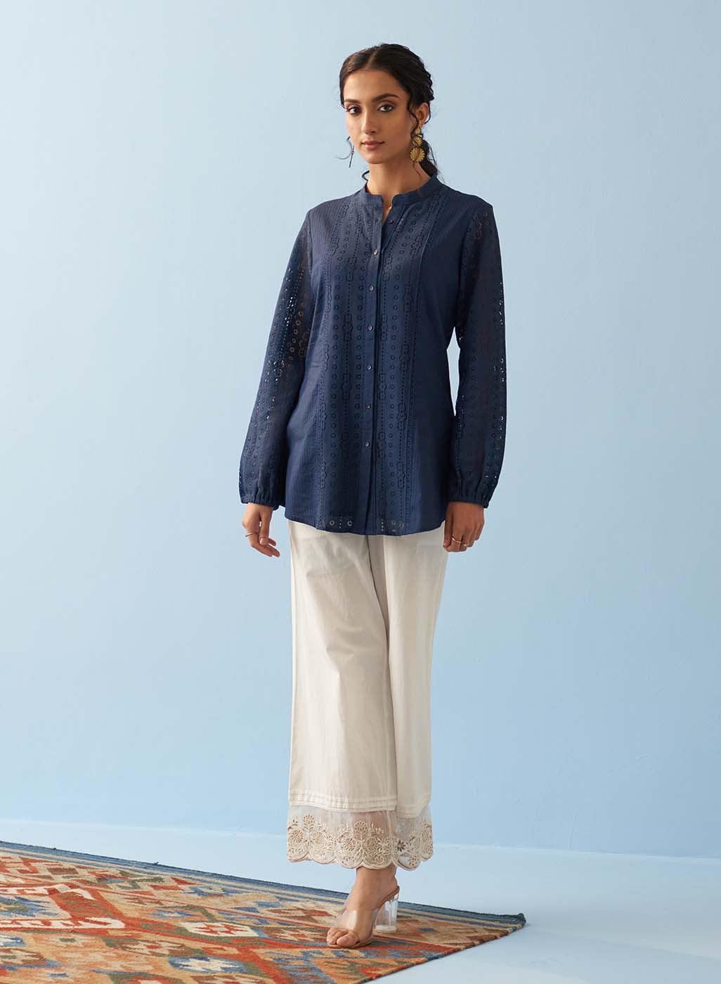 Navy Blue Collared Embroidered Tunic for Women - Lakshita