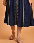 Navy Blue A-Line Boho Long Dress with Dori Tie Neck - Lakshita