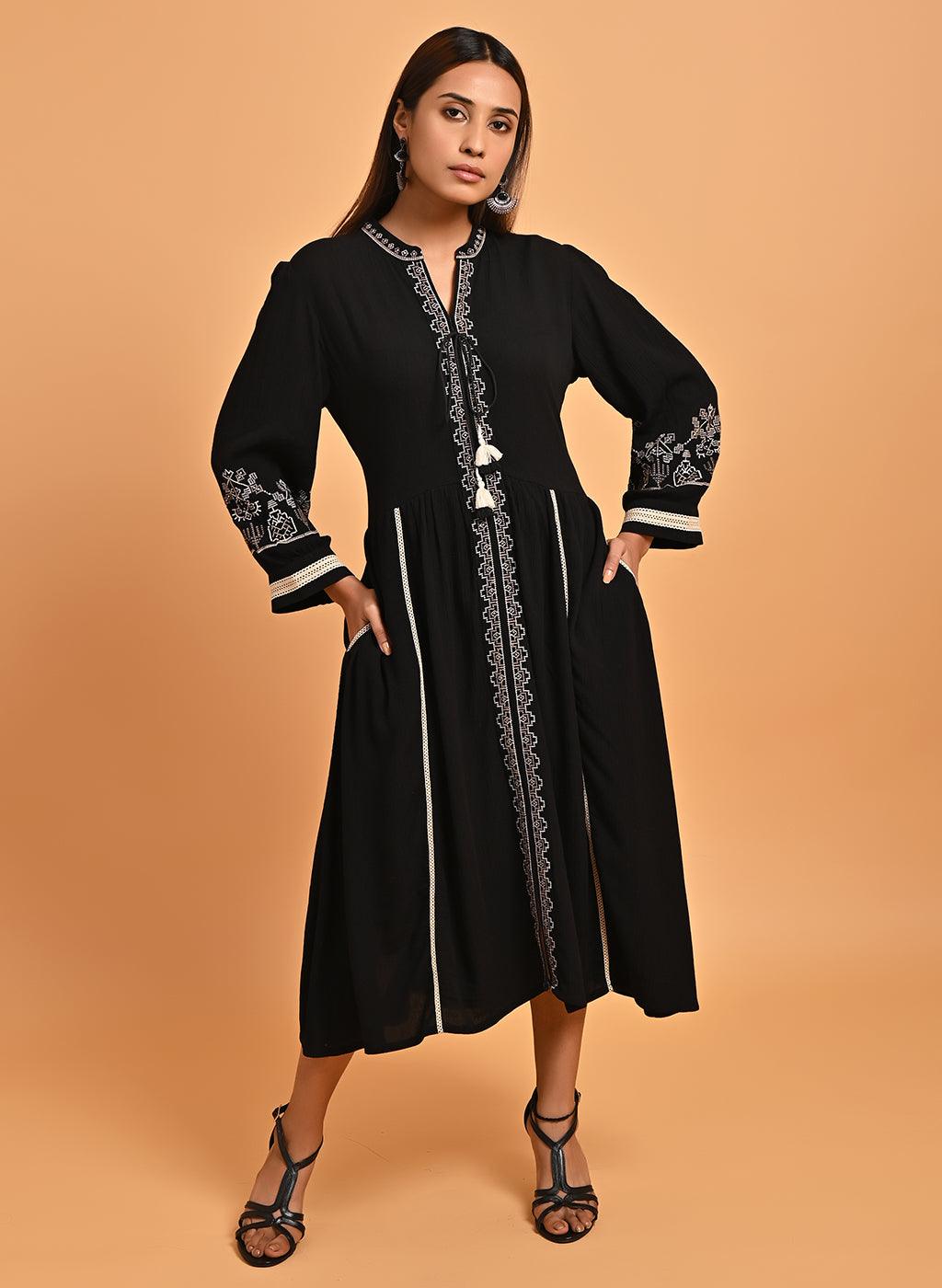 Black A-Line Boho Long Dress with Dori Tie Neck - Lakshita
