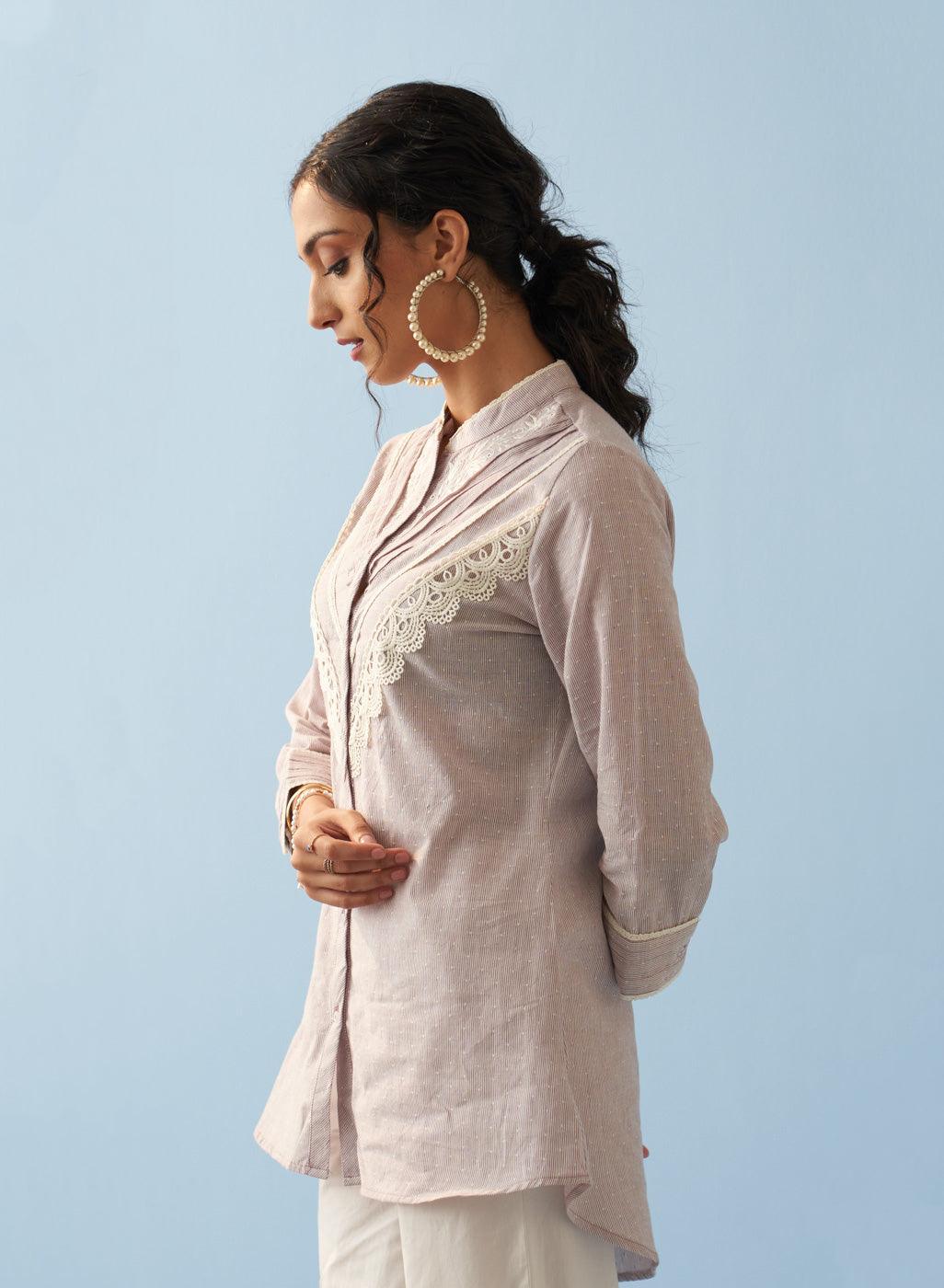 Lavender Embroidered Shirt with Lace Detailing - Lakshita