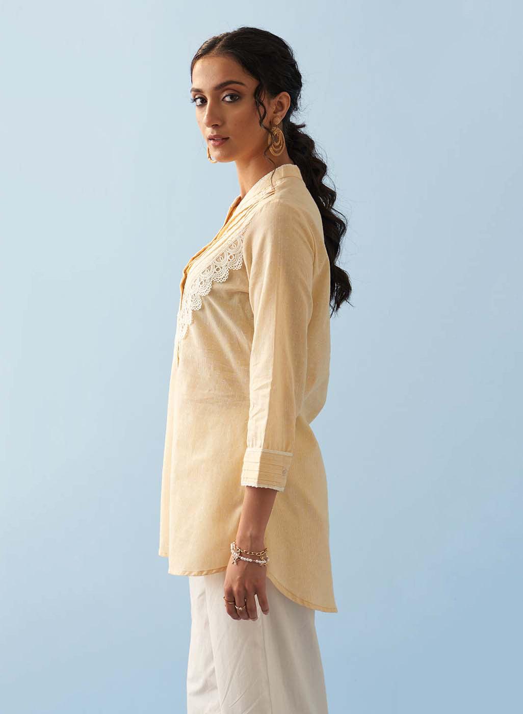 Yellow Embroidered Shirt with Lace Detailing - Lakshita