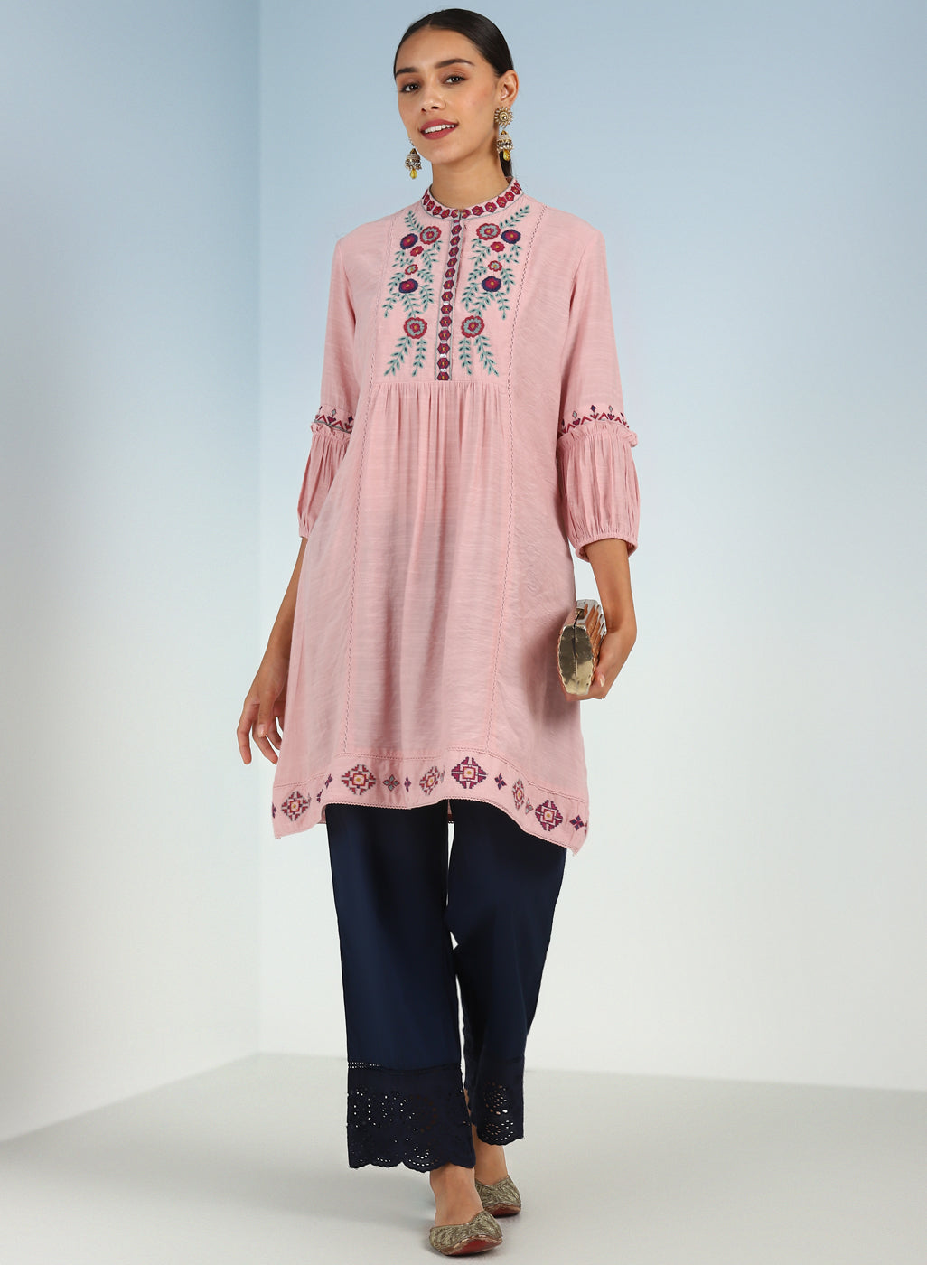Solid Pink Tunic with Stylish Gathered Sleeve