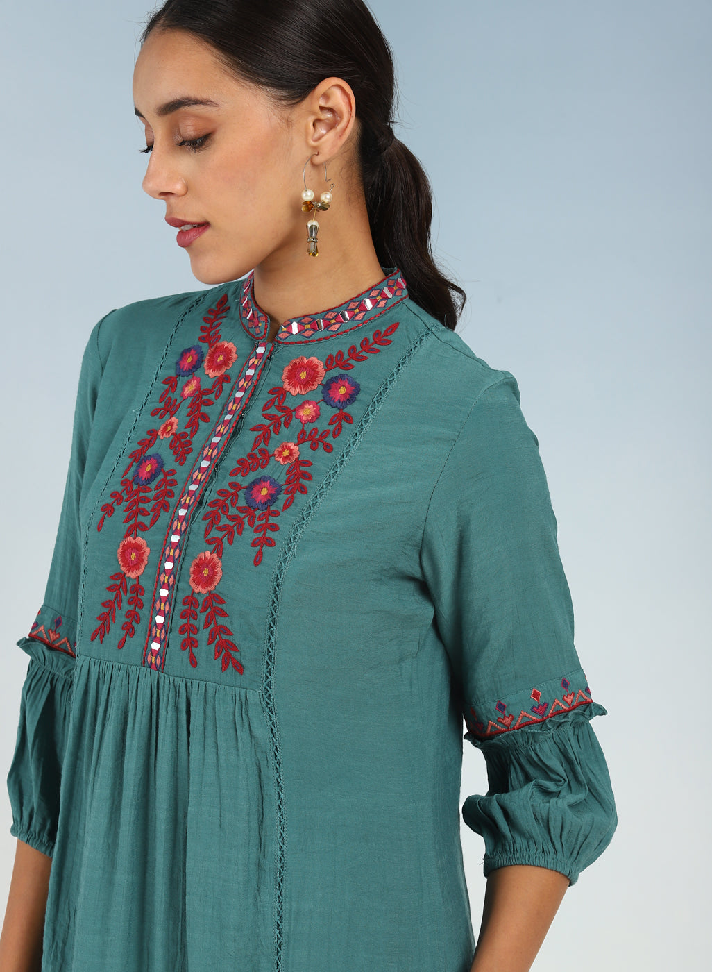 Solid Teal Tunic with Stylish Gathered Sleeve