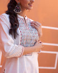 White V-Neck Kurta with Multi Coloured Embroidery and 3/4th Sleeves - Lakshita
