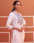 White V-Neck Kurta with Multi Coloured Embroidery and 3/4th Sleeves - Lakshita