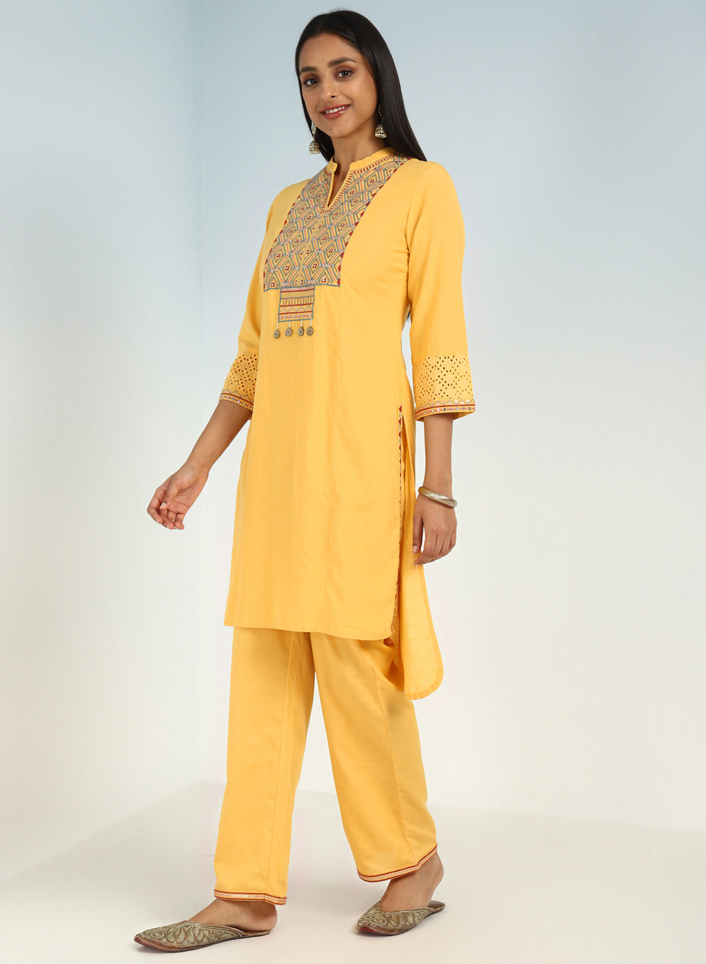 Yellow V-Neck Kurta with Multi Coloured Embroidery and 3/4th Sleeves