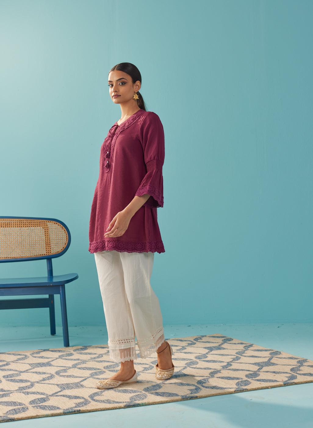 Ruby Wine Solid Tunic with Keyhole Neck and Bell Sleeves - Lakshita