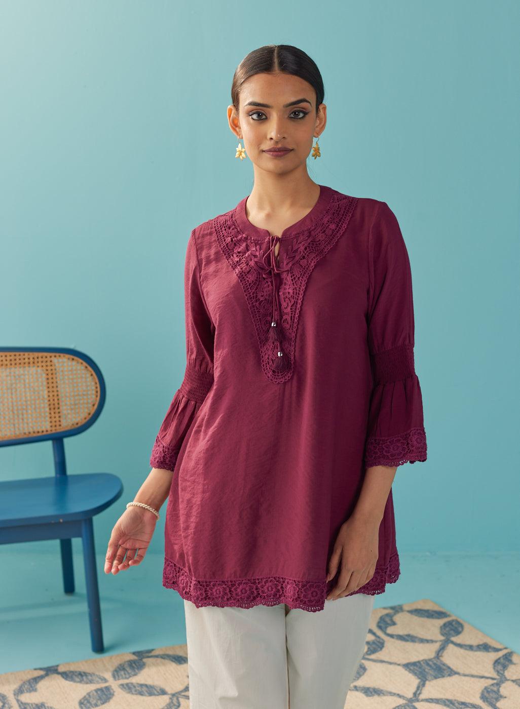 Ruby Wine Solid Tunic with Keyhole Neck and Bell Sleeves - Lakshita