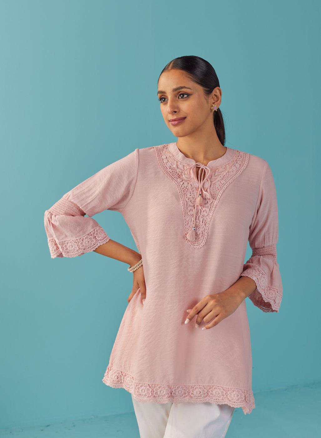 Pink Solid Tunic with Keyhole Neck and Bell Sleeves - Lakshita