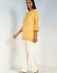 Yellow Solid Tunic with Keyhole Neck and Bell Sleeves