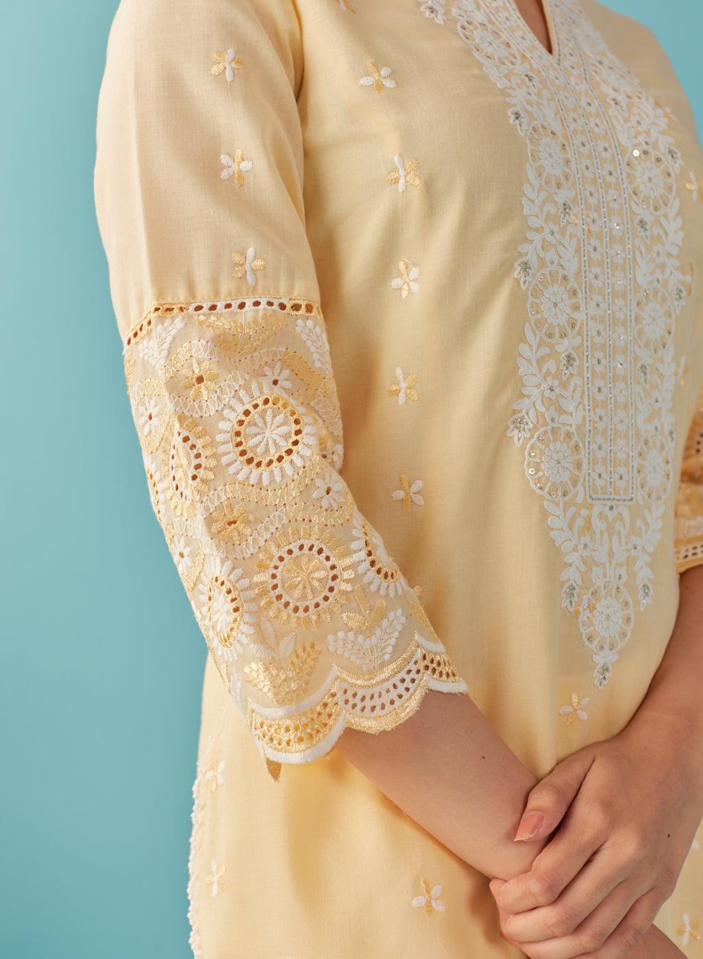 Lemon Yellow Knee Length Kurti with Embroidered Sleeve - Lakshita
