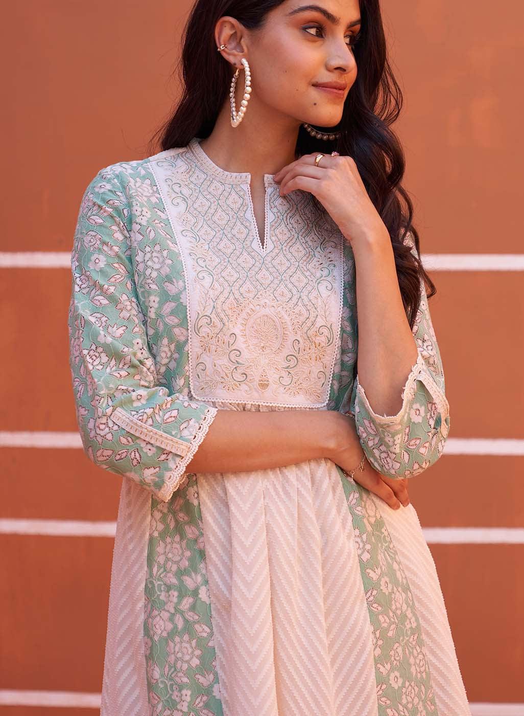 Glow with Confidence in Green Schiffli A-Line Kurta Lakshita Glow with Confidence in Green Schiffli A-Line Kurta Lakshita