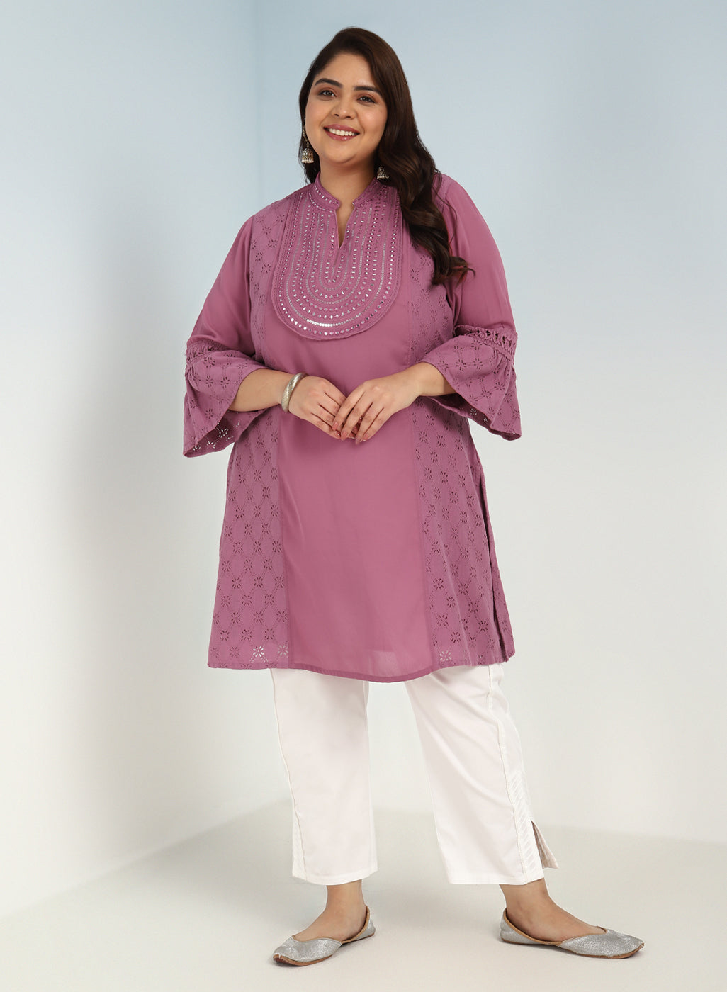 Pink Short Tunic with Mirror Work and Bell Sleeves