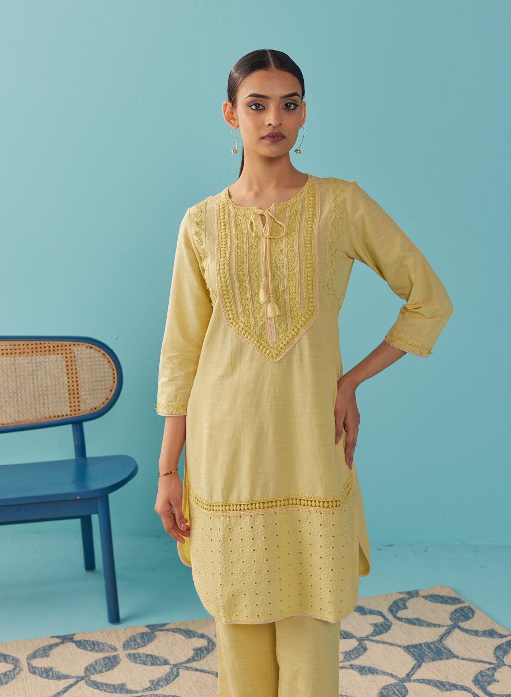 Solid Yellow Textured Kurta Set with Schiffli & Lace Work - Lakshita