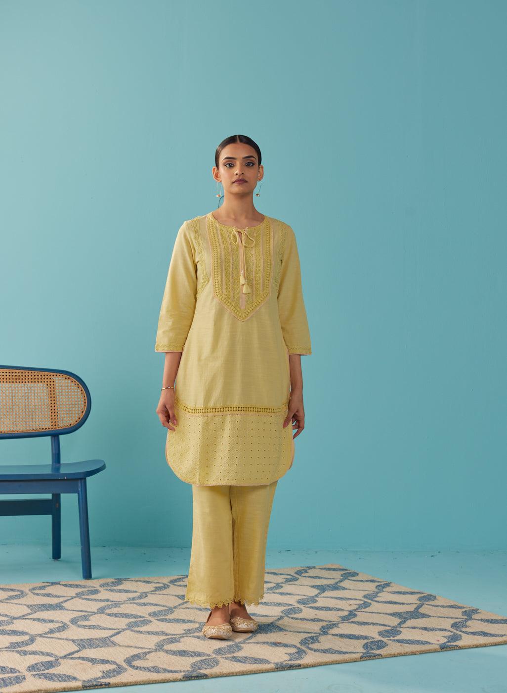 Solid Yellow Textured Kurta Set with Schiffli &amp; Lace Work - Lakshita
