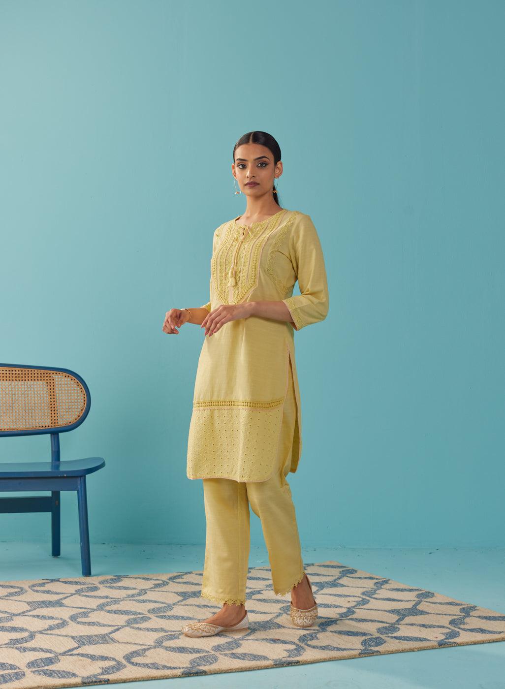 Solid Yellow Textured Kurta Set with Schiffli &amp; Lace Work - Lakshita
