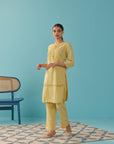 Solid Yellow Textured Kurta Set with Schiffli & Lace Work - Lakshita