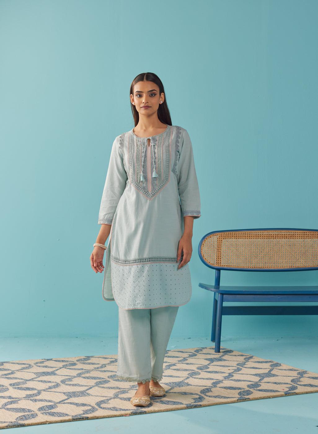 Solid Spa Blue Textured Kurta Set with Schiffli & Lace Work - Lakshita