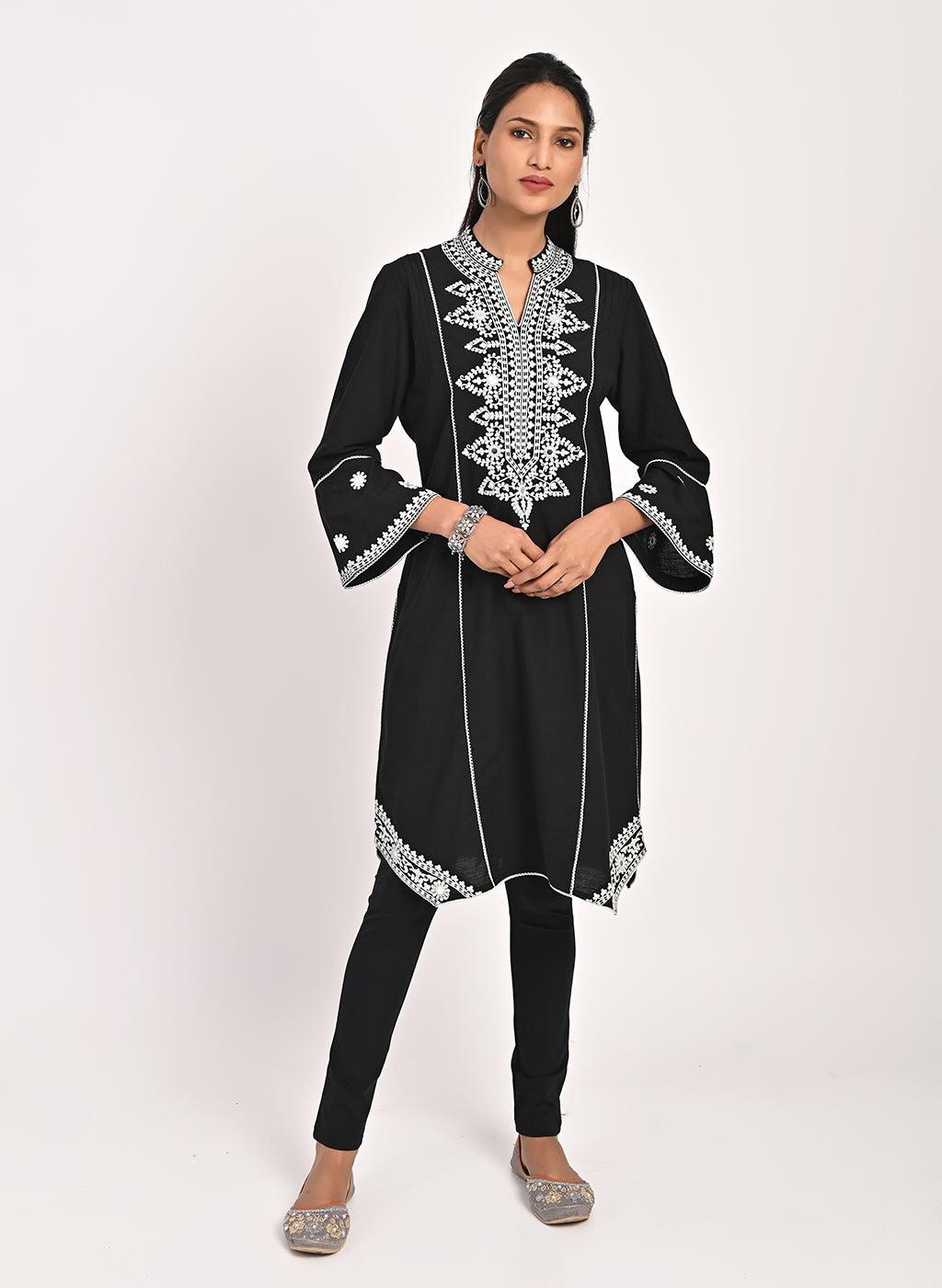 Black Mid-length Cotton Kurti for Women with Embroidery - Lakshita