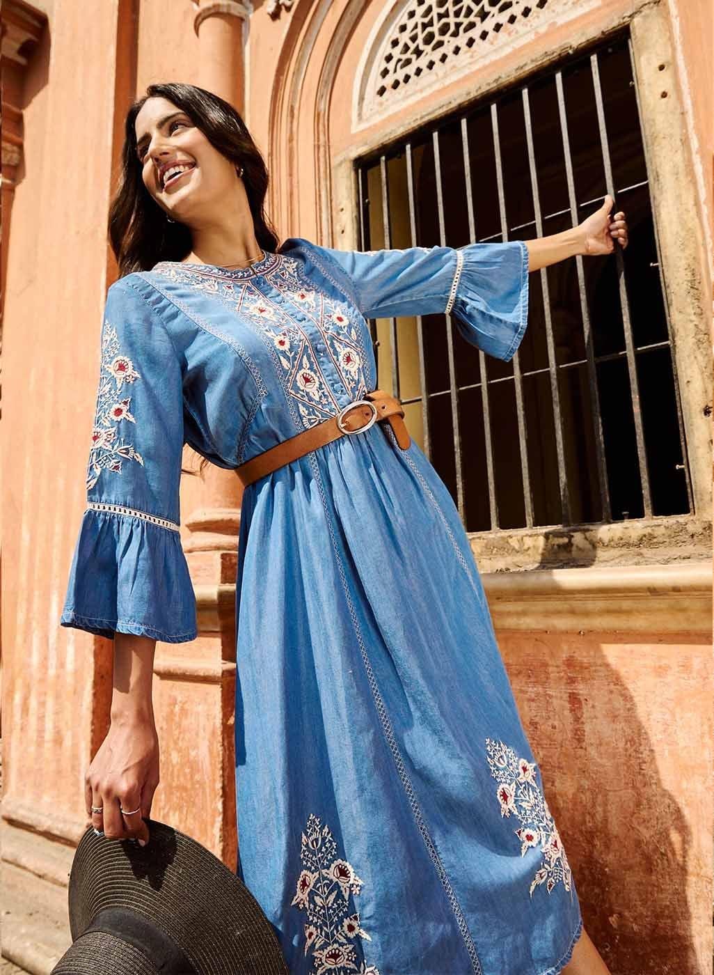 Blue Embroidered Dress with Bell Sleeve & 3/4th Sleeves - Lakshita