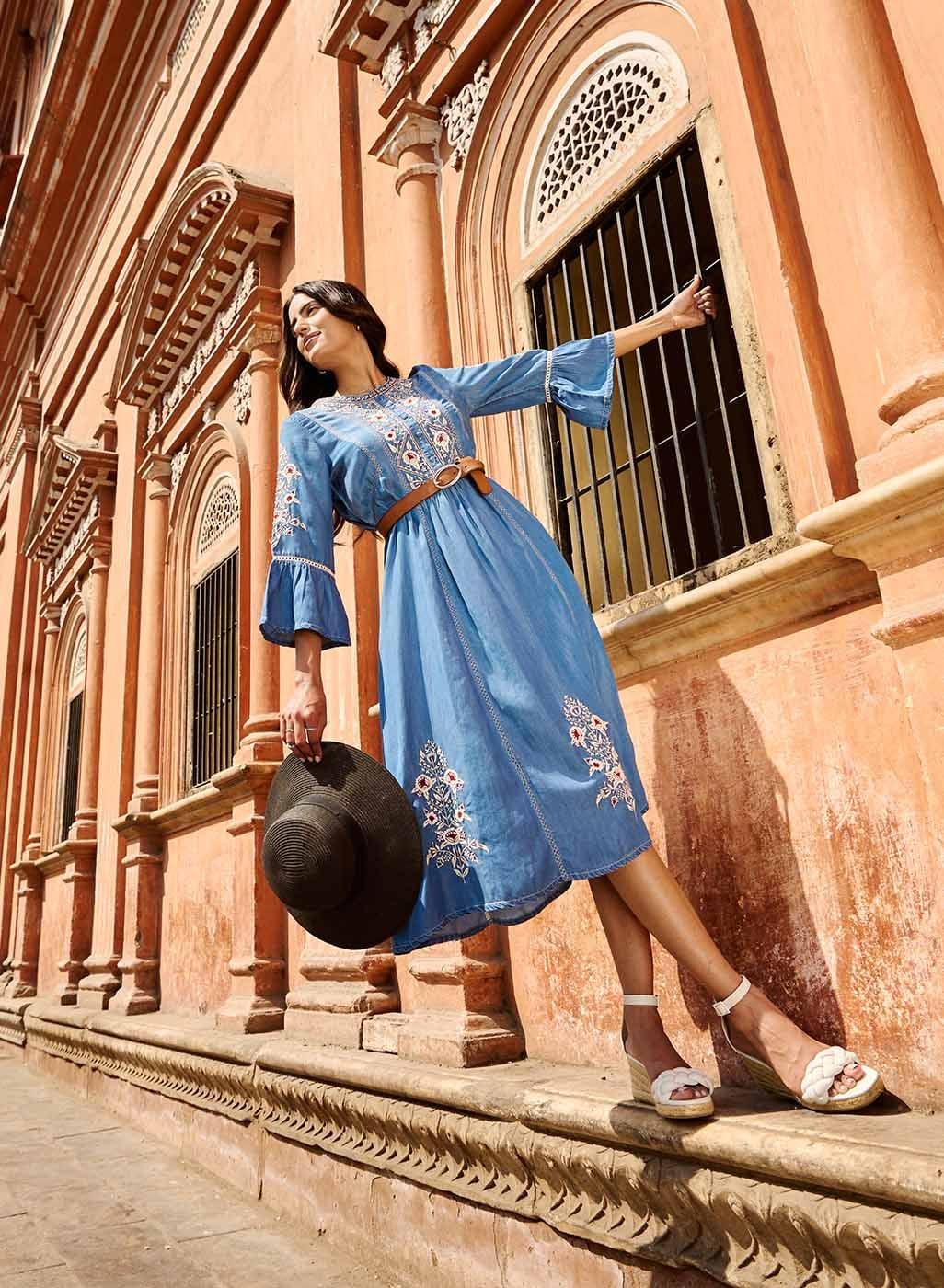Blue Embroidered Dress with Bell Sleeve & 3/4th Sleeves - Lakshita